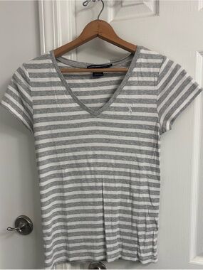 Ralph Lauren Gray & White Striped V-Neck Tee
